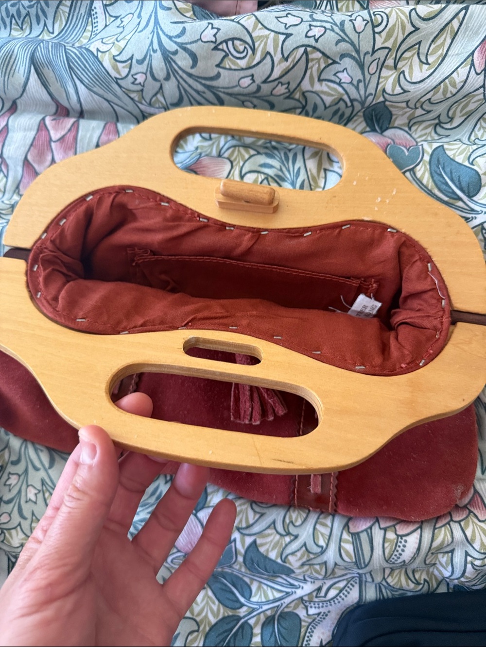 Vintage Rust Suede Wooden-Handle Clutch - Picture 4 of 6